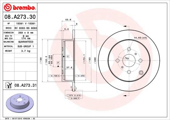 Brembo 08.A273.30 - Тормозной диск autospares.lv