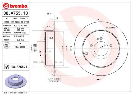 Brembo 08.A755.10 - Тормозной диск autospares.lv