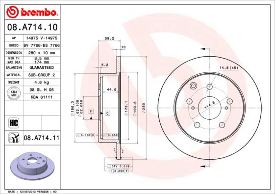 Brembo 08.A714.11 - Тормозной диск autospares.lv