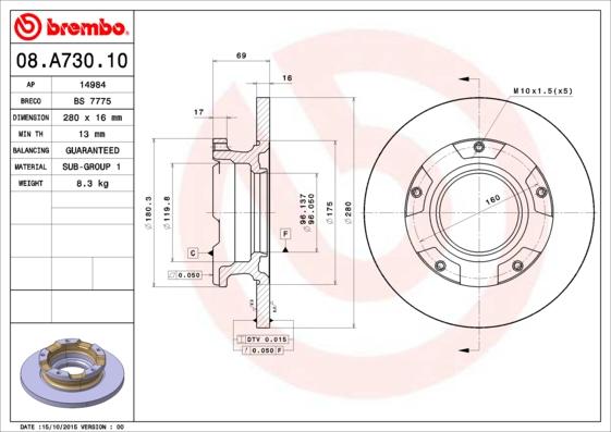 Brembo 08.A730.10 - Тормозной диск autospares.lv