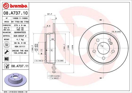 Brembo 08.A737.11 - Тормозной диск autospares.lv