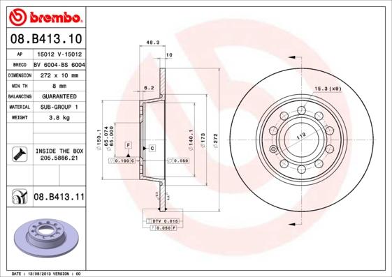 Brembo 08.B413.10 - Тормозной диск autospares.lv