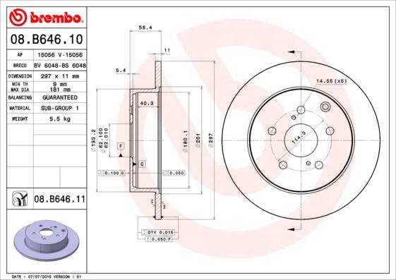 Brembo 08.B646.11 - Тормозной диск autospares.lv