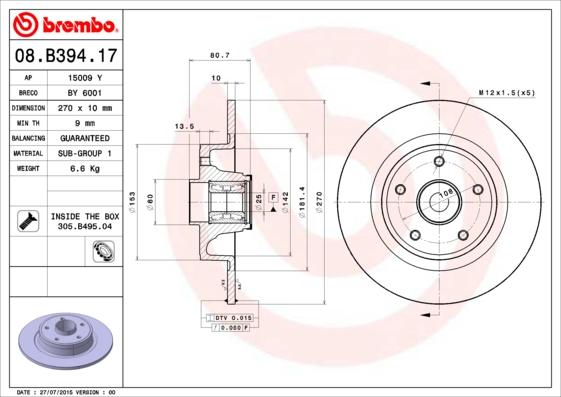 Brembo 08.B394.17 - Тормозной диск autospares.lv