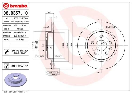 Brembo 08.B357.11 - Тормозной диск autospares.lv