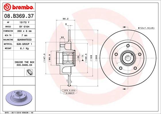 Brembo 08.B369.37 - Тормозной диск autospares.lv