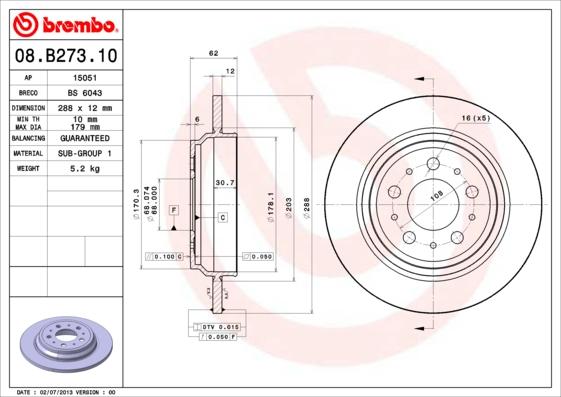 Brembo 08.B273.10 - Тормозной диск autospares.lv