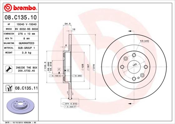 Brembo 08.C135.11 - Тормозной диск autospares.lv