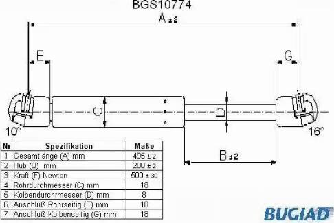 Bugiad BGS10774 - Газовая пружина, упор autospares.lv