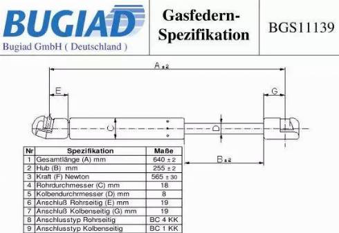 Bugiad BGS11139 - Газовая пружина, упор autospares.lv