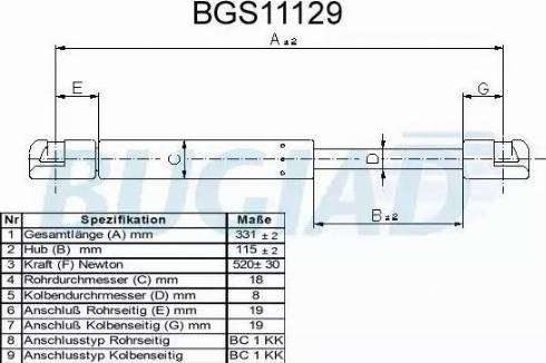 Bugiad BGS11129 - Газовая пружина, упор autospares.lv