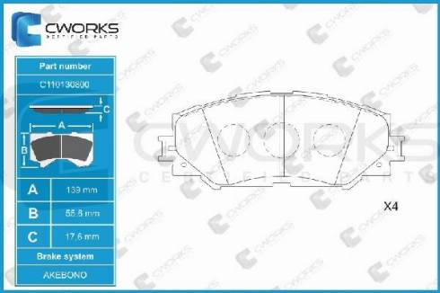 Cworks C110130800 - Тормозные колодки, дисковые, комплект autospares.lv