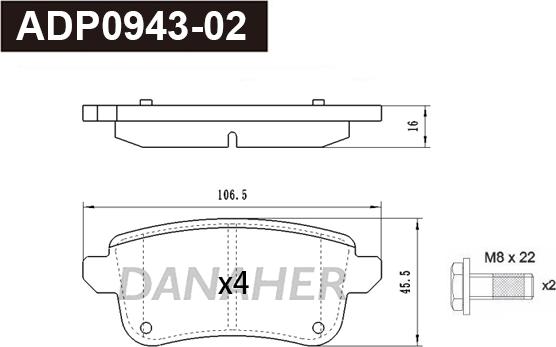 Danaher ADP0943-02 - Тормозные колодки, дисковые, комплект autospares.lv