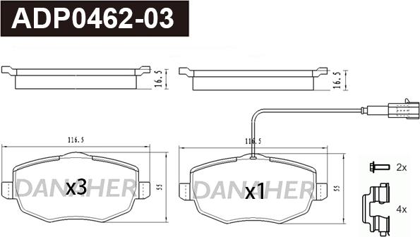 Danaher ADP0462-03 - Тормозные колодки, дисковые, комплект autospares.lv