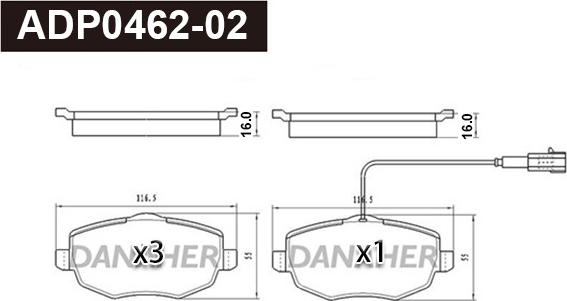 Danaher ADP0462-02 - Тормозные колодки, дисковые, комплект autospares.lv