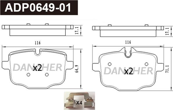 Danaher ADP0649-01 - Тормозные колодки, дисковые, комплект autospares.lv