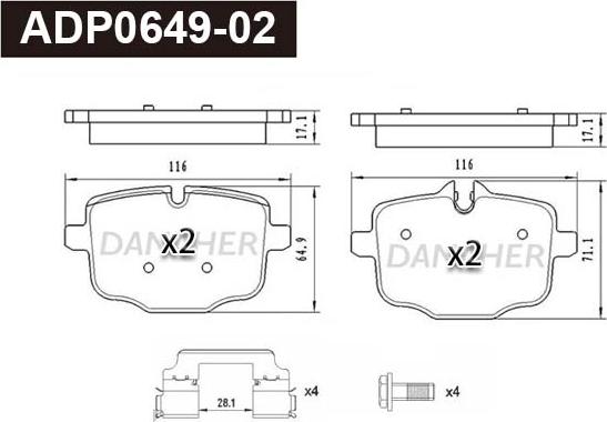 Danaher ADP0649-02 - Тормозные колодки, дисковые, комплект autospares.lv