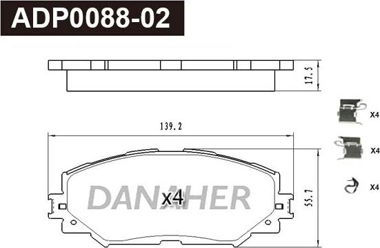 Danaher ADP0088-02 - Тормозные колодки, дисковые, комплект autospares.lv