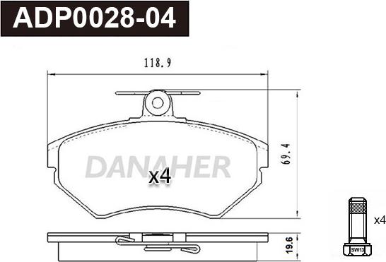 Danaher ADP0028-04 - Тормозные колодки, дисковые, комплект autospares.lv