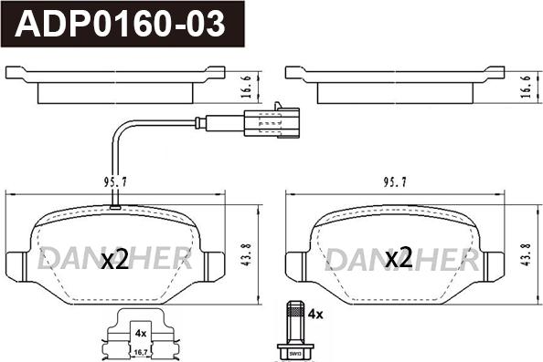 Danaher ADP0160-03 - Тормозные колодки, дисковые, комплект autospares.lv