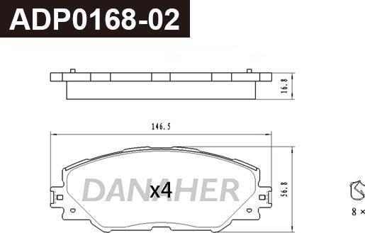 Danaher ADP0168-02 - Тормозные колодки, дисковые, комплект autospares.lv