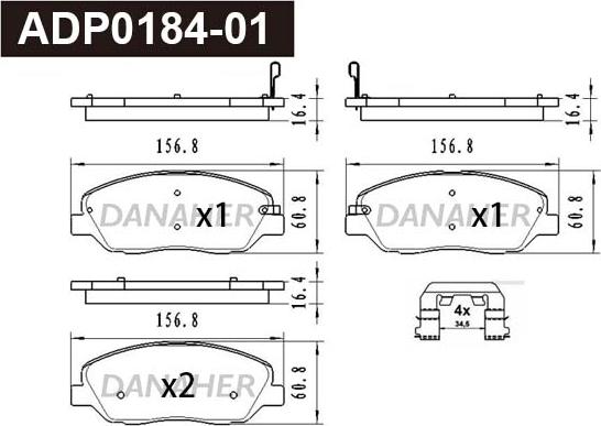 Danaher ADP0184-01 - Тормозные колодки, дисковые, комплект autospares.lv