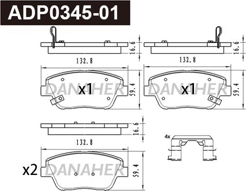 Danaher ADP0345-01 - Тормозные колодки, дисковые, комплект autospares.lv