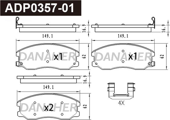 Danaher ADP0357-01 - Тормозные колодки, дисковые, комплект autospares.lv