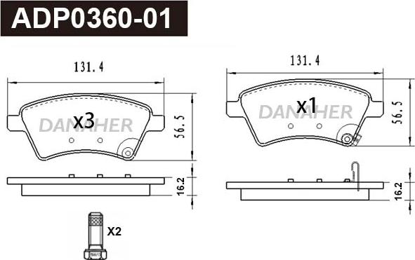 Danaher ADP0360-01 - Тормозные колодки, дисковые, комплект autospares.lv