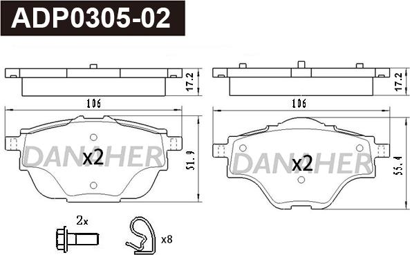 Danaher ADP0305-02 - Тормозные колодки, дисковые, комплект autospares.lv