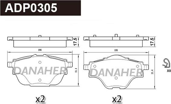 Danaher ADP0305 - Тормозные колодки, дисковые, комплект autospares.lv