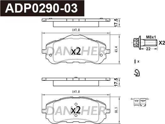 Danaher ADP0290-03 - Тормозные колодки, дисковые, комплект autospares.lv