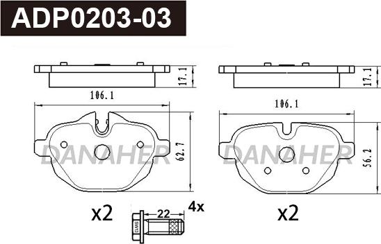 Danaher ADP0203-03 - Тормозные колодки, дисковые, комплект autospares.lv