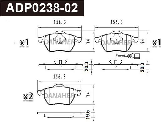 Danaher ADP0238-02 - Тормозные колодки, дисковые, комплект autospares.lv