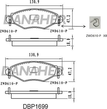 Danaher DBP1699 - Тормозные колодки, дисковые, комплект autospares.lv