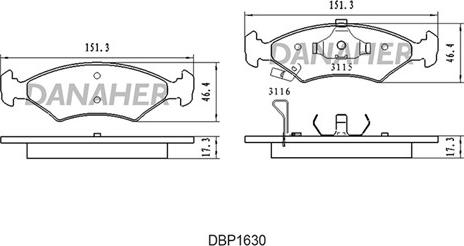 Danaher DBP1630 - Тормозные колодки, дисковые, комплект autospares.lv