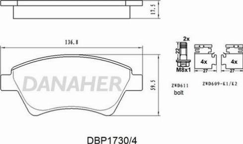 Danaher DBP1730/4 - Тормозные колодки, дисковые, комплект autospares.lv