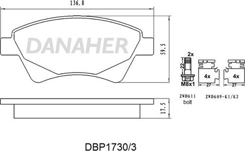 Danaher DBP1730/3 - Тормозные колодки, дисковые, комплект autospares.lv