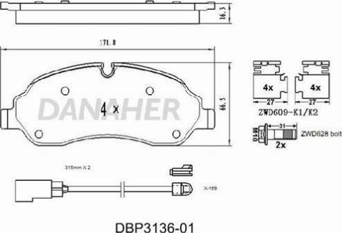 Danaher DBP3136-01 - Тормозные колодки, дисковые, комплект autospares.lv