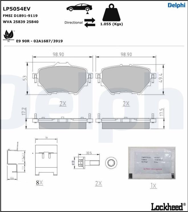 Delphi LP5054EV - Тормозные колодки, дисковые, комплект autospares.lv