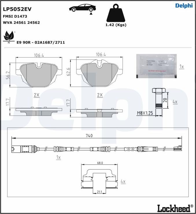 Delphi LP5052EV - Тормозные колодки, дисковые, комплект autospares.lv