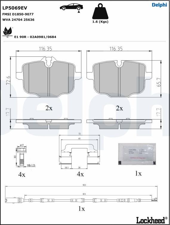 Delphi LP5069EV - Тормозные колодки, дисковые, комплект autospares.lv