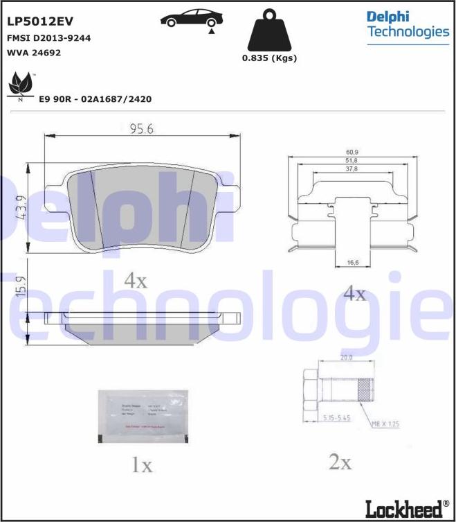 Delphi LP5012EV - Тормозные колодки, дисковые, комплект autospares.lv