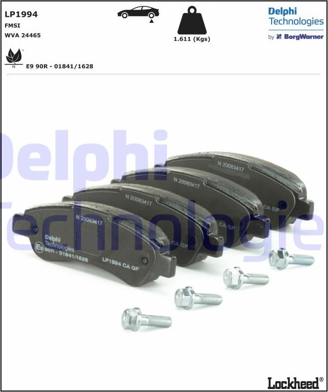 Delphi LP1994 - Тормозные колодки, дисковые, комплект autospares.lv