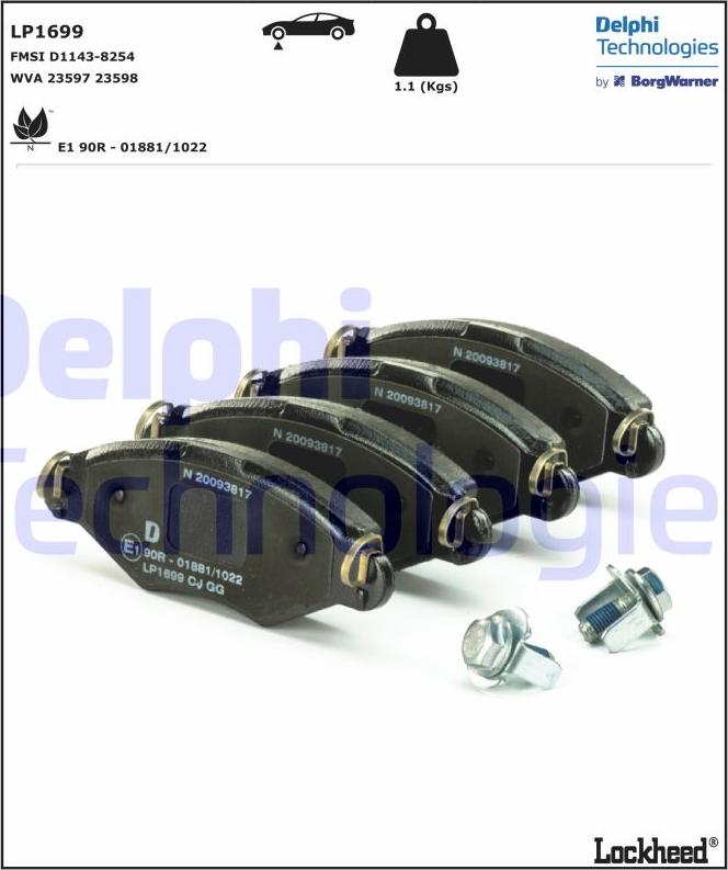 Delphi LP1699 - Тормозные колодки, дисковые, комплект autospares.lv