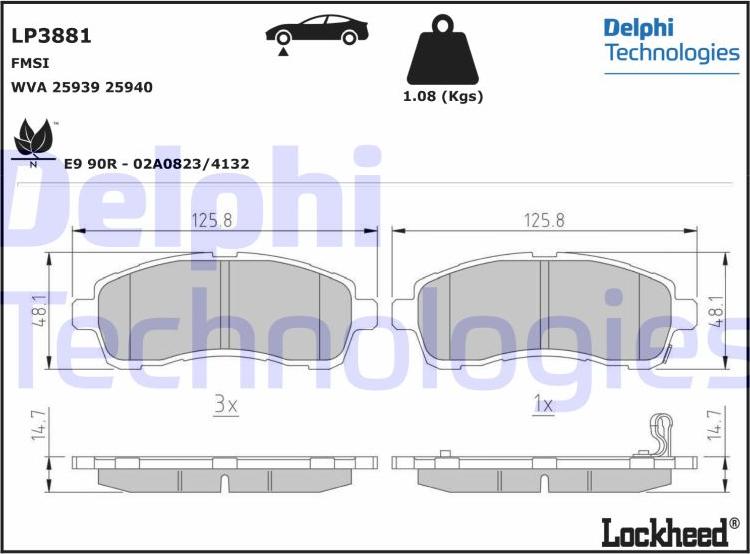 Delphi LP3881 - Тормозные колодки, дисковые, комплект autospares.lv