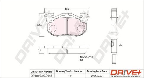 Dr!ve+ DP1010.10.0945 - Тормозные колодки, дисковые, комплект autospares.lv