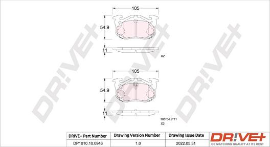 Dr!ve+ DP1010.10.0946 - Тормозные колодки, дисковые, комплект autospares.lv