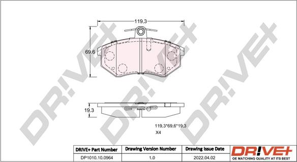 Dr!ve+ DP1010.10.0964 - Тормозные колодки, дисковые, комплект autospares.lv