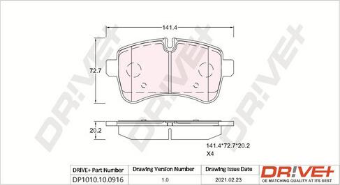 Dr!ve+ DP1010.10.0916 - Тормозные колодки, дисковые, комплект autospares.lv